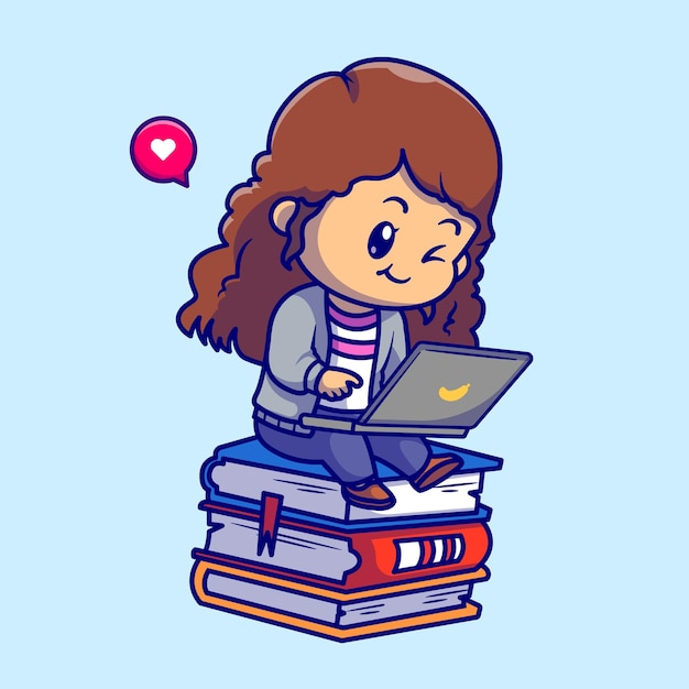 Vector linda chica jugando portátil en la ilustración de icono de vector de dibujos animados de libro. concepto de icono de ciencia de tecnología aislado vector premium. estilo de dibujos animados plana