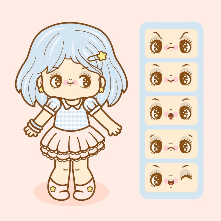 Vector linda chica kawaii con seis expresiones establecidas