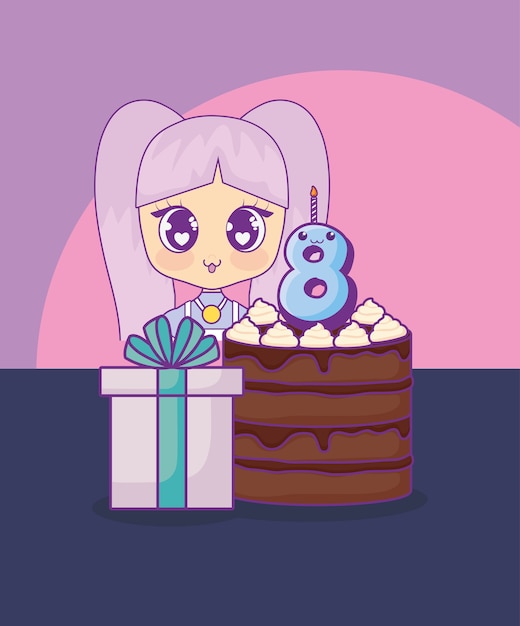 Linda chica kawaii con tarjeta de cumpleaños pastel