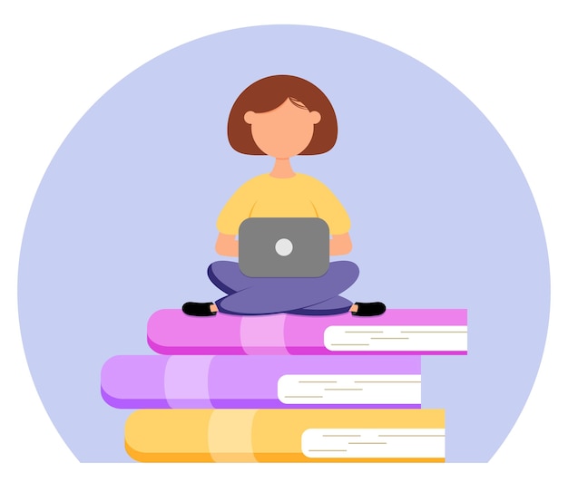La linda chica con laptop se sienta en libros Educación en línea o concepto de capacitación empresarial