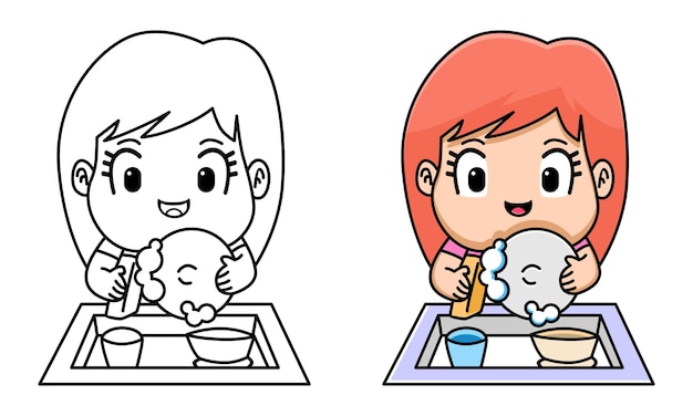 Linda chica lavando platos página para colorear para niños | Vector Premium