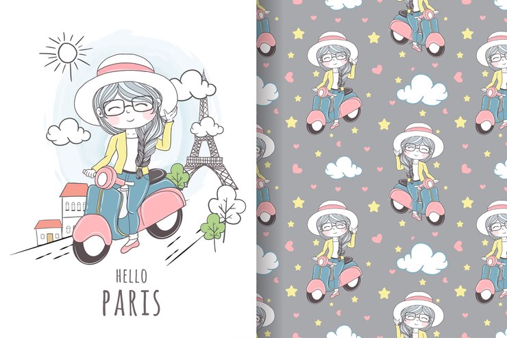Vector linda chica librando scooter en parís de patrones sin fisuras