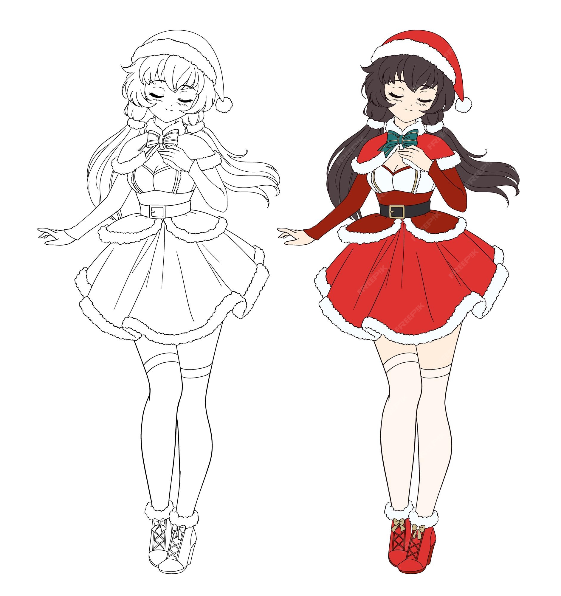 Linda chica de manga anime con traje de santa de navidad con los ojos cerrados. | Vector Premium Linda chica de manga anime con traje de santa de navidad con los ojos cerrados. | Vector Premium