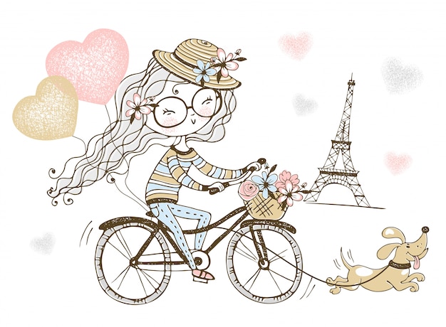 Linda chica monta una bicicleta con su perro en parís.