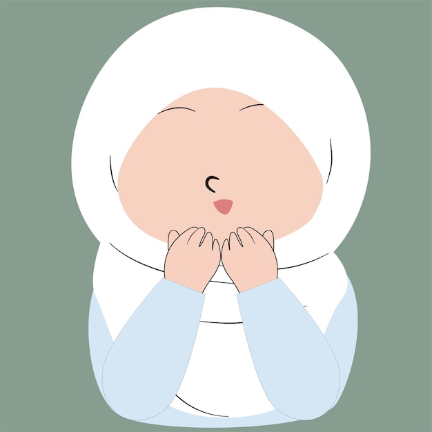 Una linda chica musulmana de dibujos animados que reza con un hijab blanco