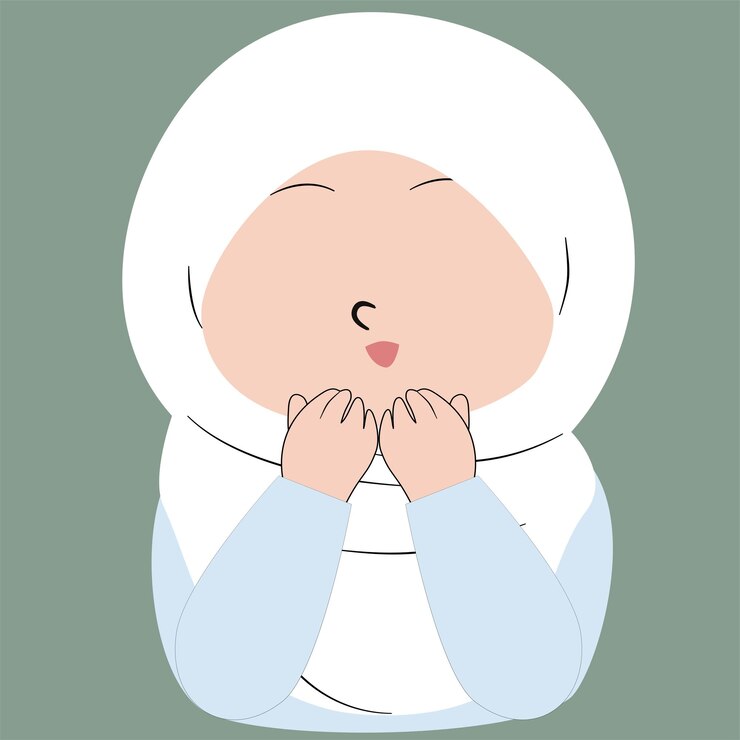 Una linda chica musulmana de dibujos animados que reza con un hijab blanco
