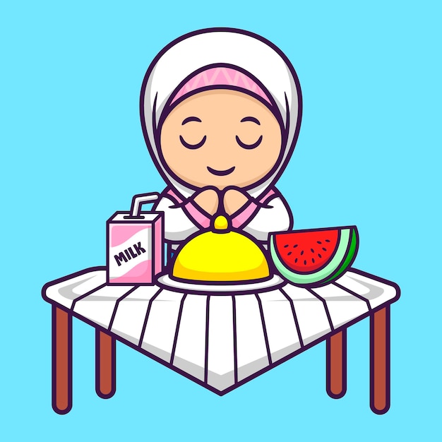 Linda chica musulmana iftar en dibujos animados ramadán vector ilustración estilo plano concepto