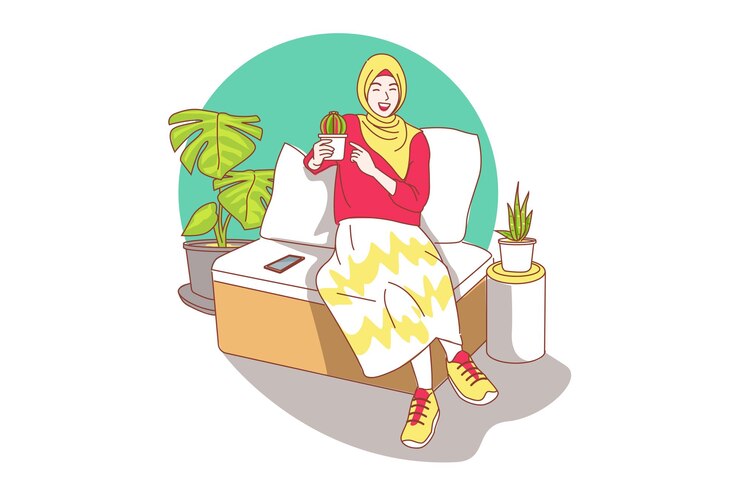 Vector linda chica musulmana usando hiyab disfrutando de plantar y cuidar plantas ilustración de vector de línea plana