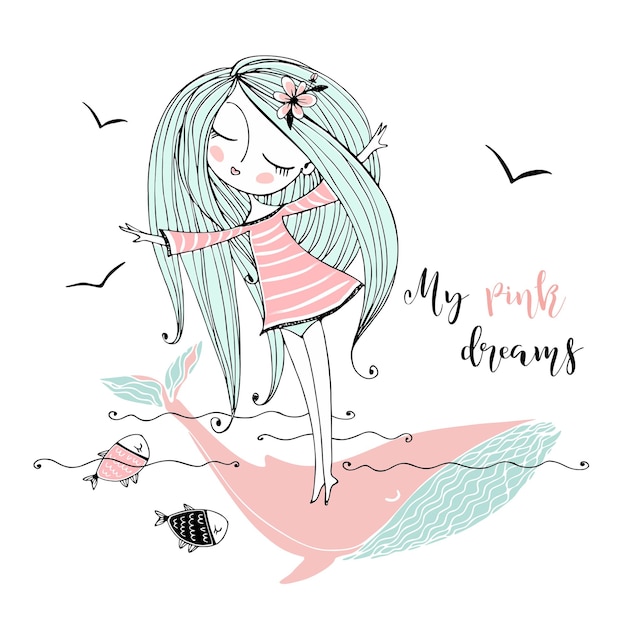 Una linda chica nada en una gran ballena rosada en sus sueños. Vector.