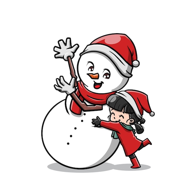 Linda chica de navidad y su muñeco de nieve de dibujos animados