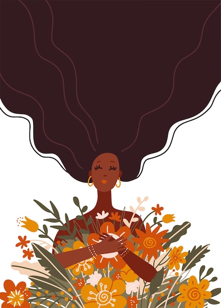 Linda chica negra de pelo largo sosteniendo un ramo de flores