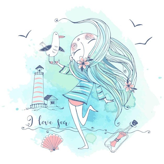 Linda chica a la orilla del mar con un pájaro gaviota. Gráficos y acuarelas. Vector.