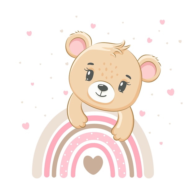 Vector linda chica de oso de peluche en un arco iris. ilustración vectorial de una caricatura.