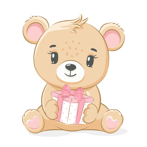 Una linda chica de oso de peluche está sentada y sosteniendo un regalo Ilustración vectorial de una caricatura