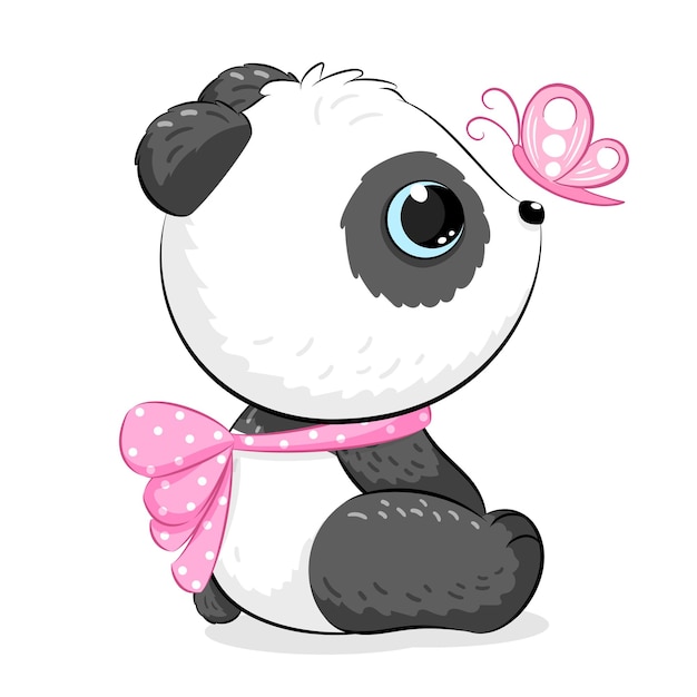 Linda chica panda con una mariposa. Ilustración vectorial de una caricatura.