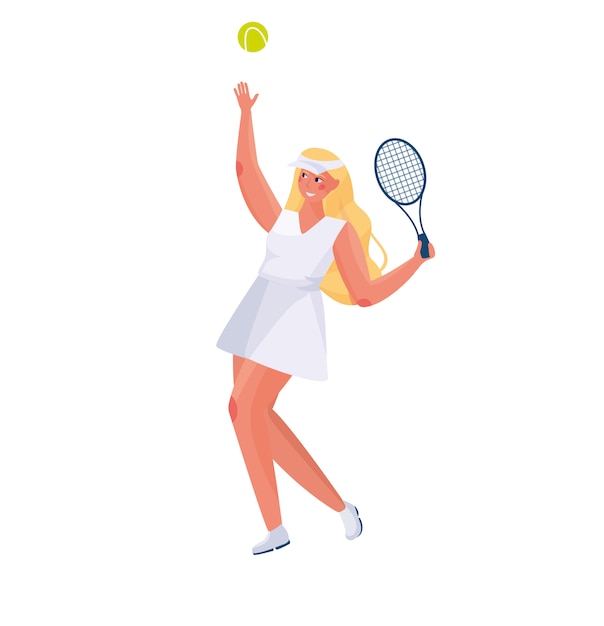Linda chica con el pelo largo en un uniforme deportivo juega tenis sobre un fondo blanco en las manos de raquetas y una pelota de tenis.