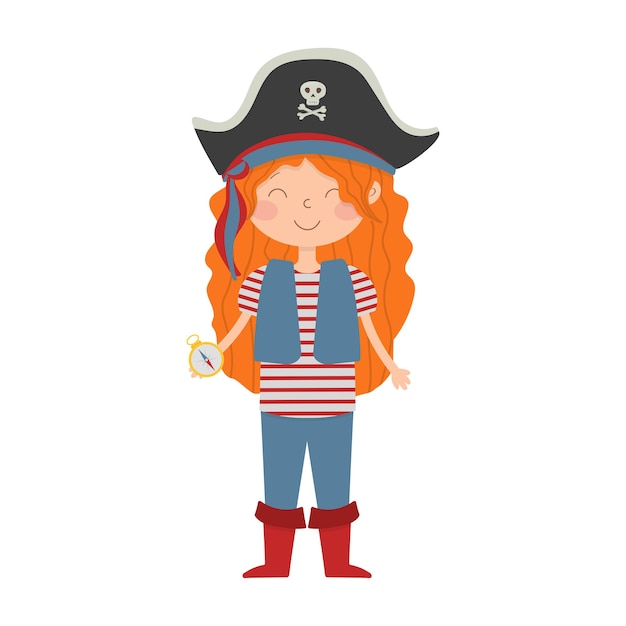 Linda chica pirata de dibujos animados, con un sombrero pirata y con una brújula en la mano.