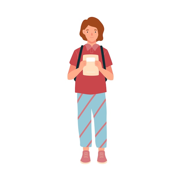 Linda chica preescolar con cuaderno. Retrato de estudiante adolescente con mochila. Alumno adolescente de pie con mochila. Ilustración de dibujos animados de vector plano de colegiala alegre aislado en blanco.