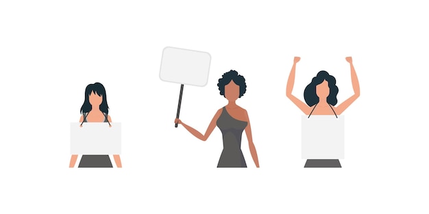 Una linda chica protesta con una pancarta El concepto de expresar pensamientos, insatisfacción y protestas Conjunto de pancartas y diseños Vector