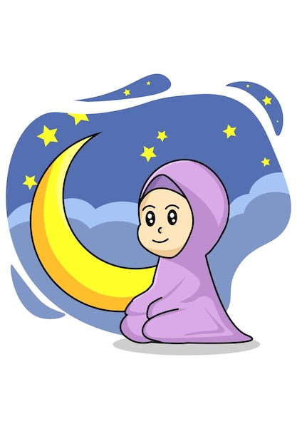 Linda chica rezando y media luna ilustración de dibujos animados