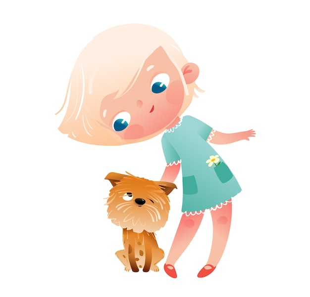 La linda chica rubia y su pequeño cachorro de mascota