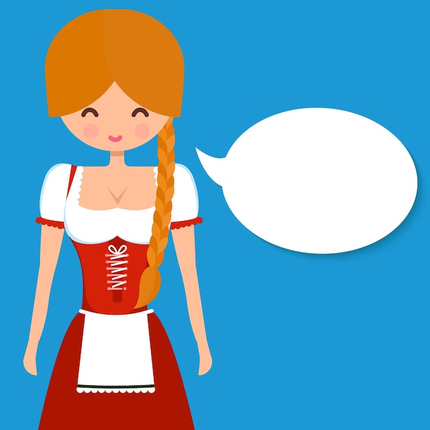 Vector linda chica rubia en vestido tradicional alemán dirndl con coleta y bocadillo en blanco. ilustración de personaje plano de vector para el diseño de bares de cerveza y oktoberfest.