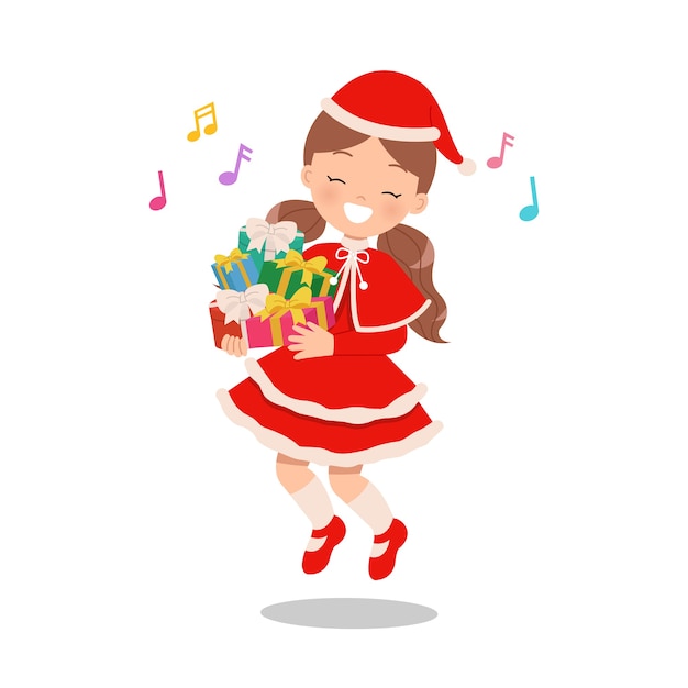 Linda chica saltando mientras canta y sosteniendo el montón de regalos de Navidad. Niños en traje de invierno. Personaje de dibujos animados plano aislado