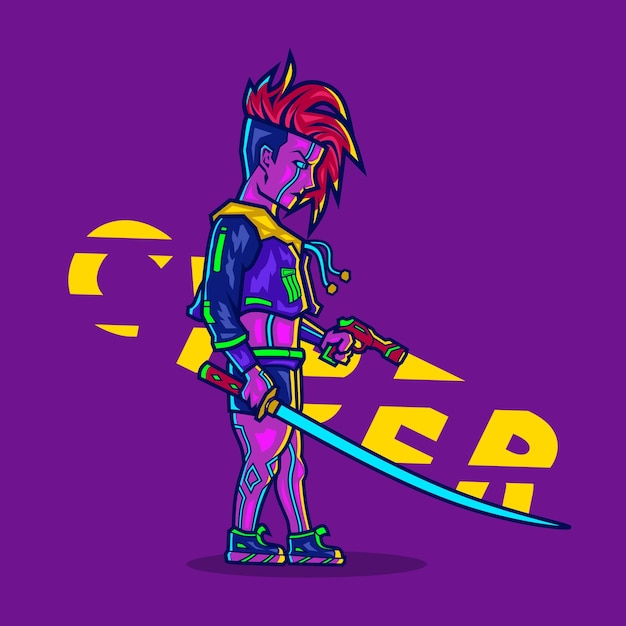 Linda chica samurai estilo cyberpunk personaje de dibujos animados ilustración