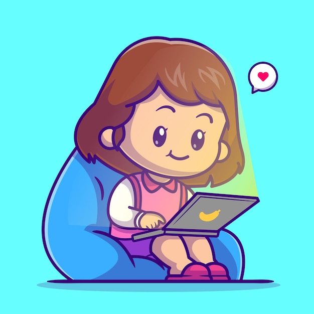 Vector linda chica sentada jugando laptop cartoon vector icono ilustración. concepto de icono de tecnología de personas aislado vector premium. estilo de dibujos animados plana