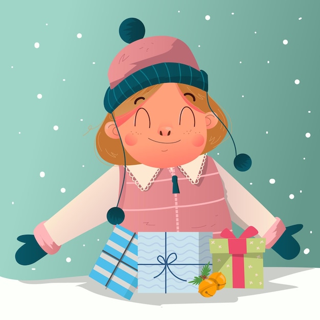 Linda chica con sombrero de invierno rosa celebra la víspera de Navidad y recibió una gran cantidad de ilustración de regalo