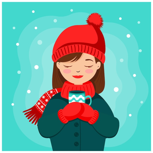 Vector linda chica con sombrero y mitones con una taza de té y un cielo con copos de nieve. ilustración de invierno