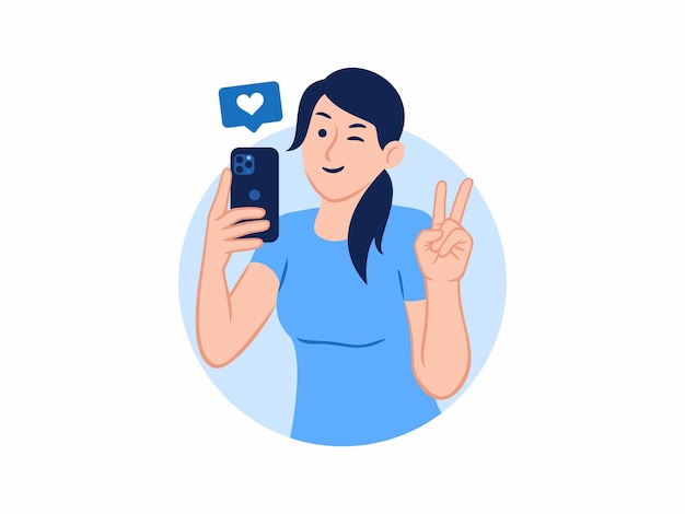 Linda chica sonriente que muestra el signo de la paz tomando una foto selfie con un teléfono inteligente