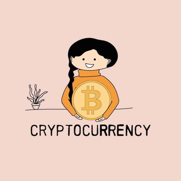 linda chica sosteniendo una moneda bitcoin. arte vectorial