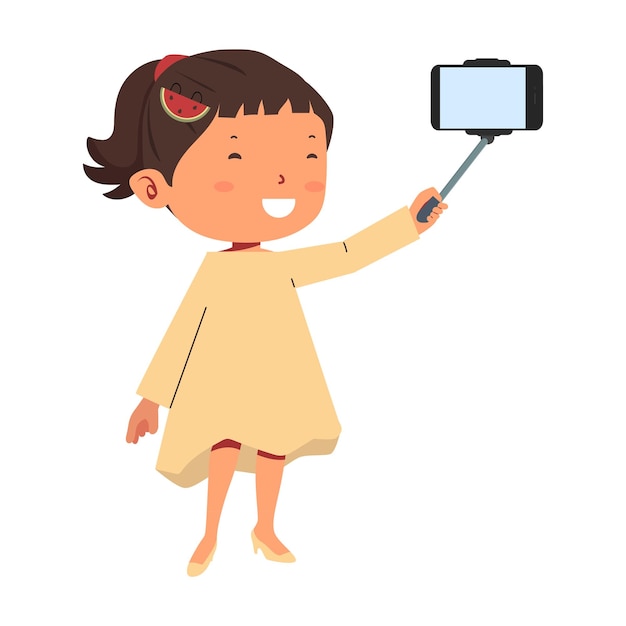 Linda chica sosteniendo Selfie Stick con Smartphone