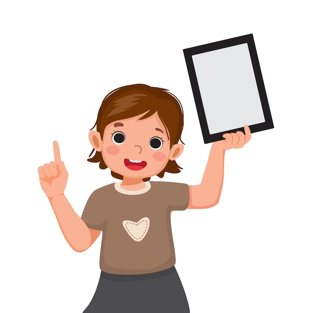 Linda chica sosteniendo tableta digital con pantalla vacía para textos y contenido de anuncios y dedo acusador