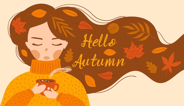 Linda chica en un suéter amarillo bebe una taza de té o café con hojas de otoño Hola otoño Vector