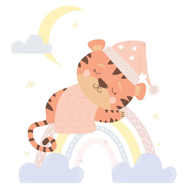 Linda chica tigre duerme en el arco iris y la luna con nubes Vector Animal bebé para el diseño de la guardería