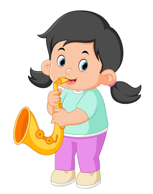 Una linda chica toca un instrumento musical de saxofón.