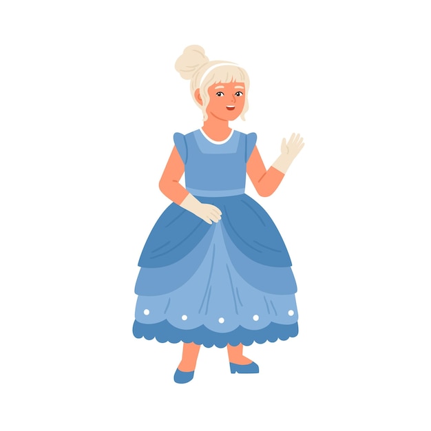 Linda chica con traje de carnaval de Cenicienta vector ilustración plana. Niña feliz en ropa de princesa agitando la mano aislada en blanco. Un niño divertido con un vestido elegante en una mascarada o un baile.