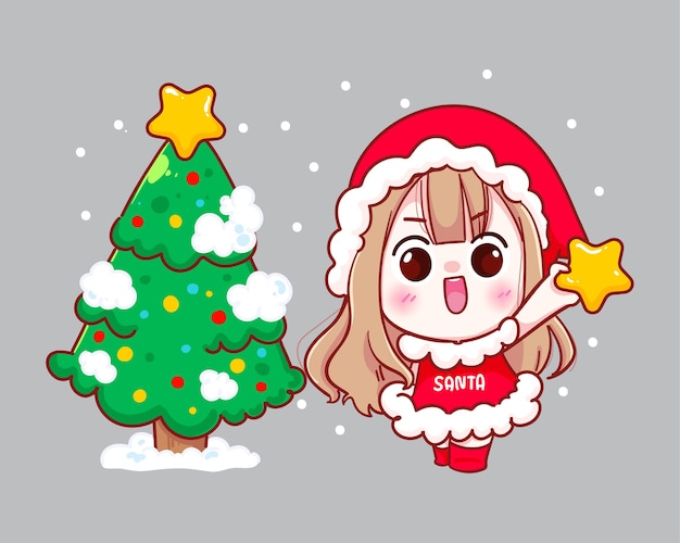 Vector linda chica en traje de santa claus con ilustración de árbol de navidad
