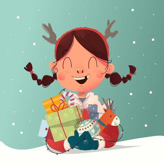 Linda chica con trenzas celebra la víspera de Navidad y recibió una gran cantidad de ilustraciones de regalos