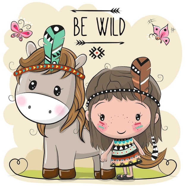 Linda chica tribal de dibujos animados y caballo con pluma