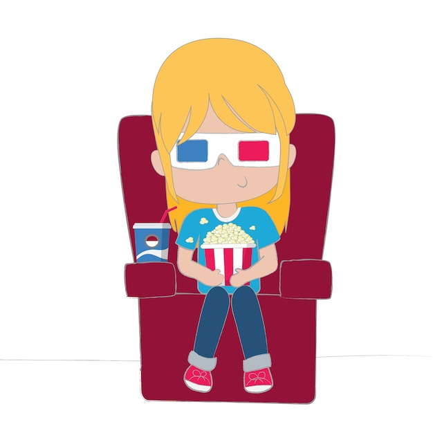 Linda chica viendo la película usando gafas 3d