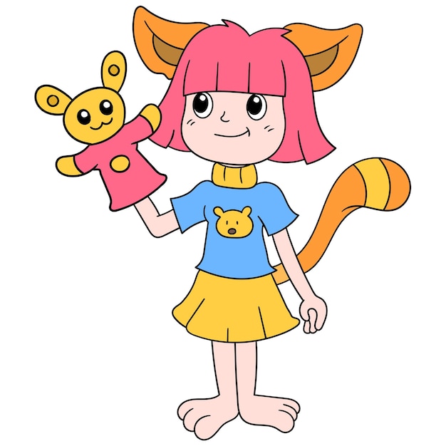 Linda chica viste a gato jugando con muñeca, arte de ilustración vectorial. imagen de icono de doodle kawaii.