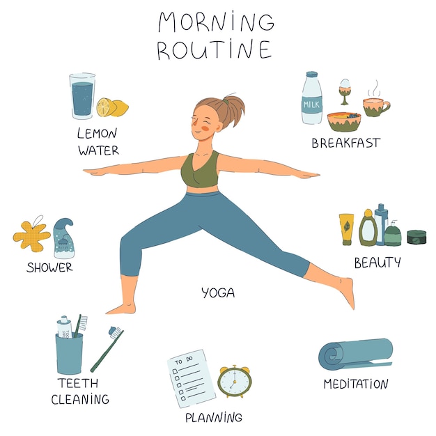 Linda chica de yoga con elementos de rutina matutina