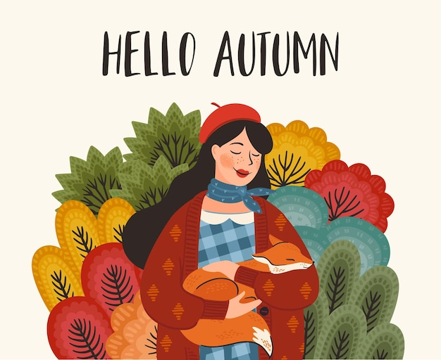 Vector linda chica con un zorro ilustración de cuento de hadas de otoño diseño vectorial para la web del volante del cartel de la tarjeta y otros