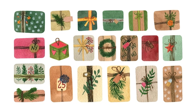 Linda colección de acuarela caja de regalos Navidad y año nuevo vacaciones imágenes prediseñadas de Navidad rústica