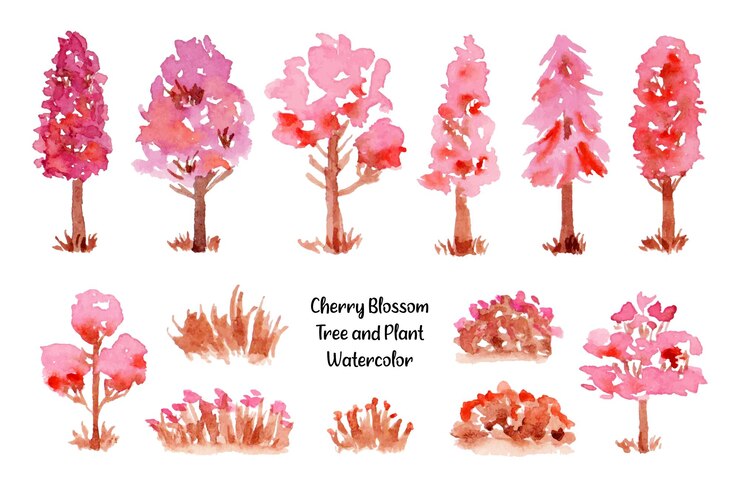 Linda colección de acuarela de hierba y césped de árbol rosa