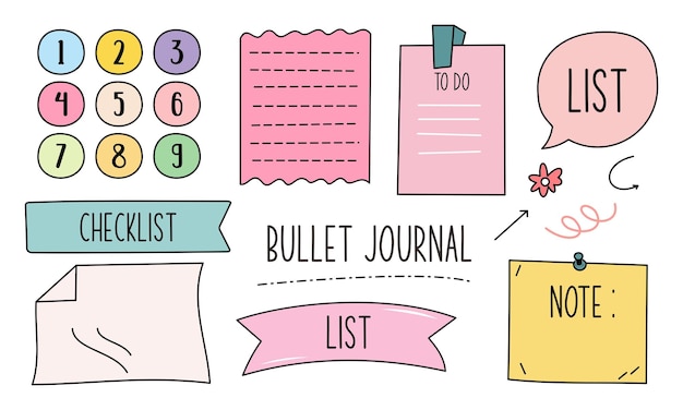 Linda colección de adornos y papel de notas de bullet journal en estilo colorido