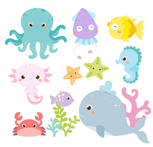 Vector linda colección de animales del océano